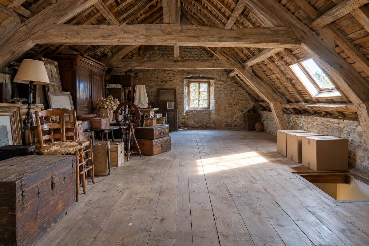 Grenier sous charpente à moitié débarrassé, cartons alignés près de la trappe